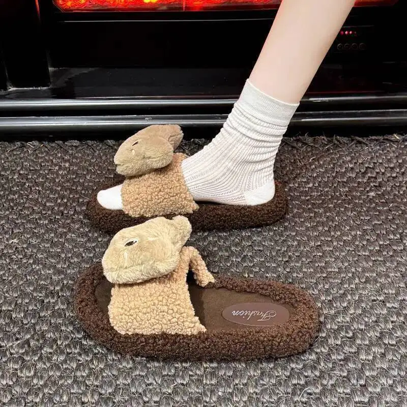

Women's Home Slippers 2025 Winter Cute Bear Head Plush Slippers Autumn Warm Non Slip Indoor Home Slippers For Outdoor Wear