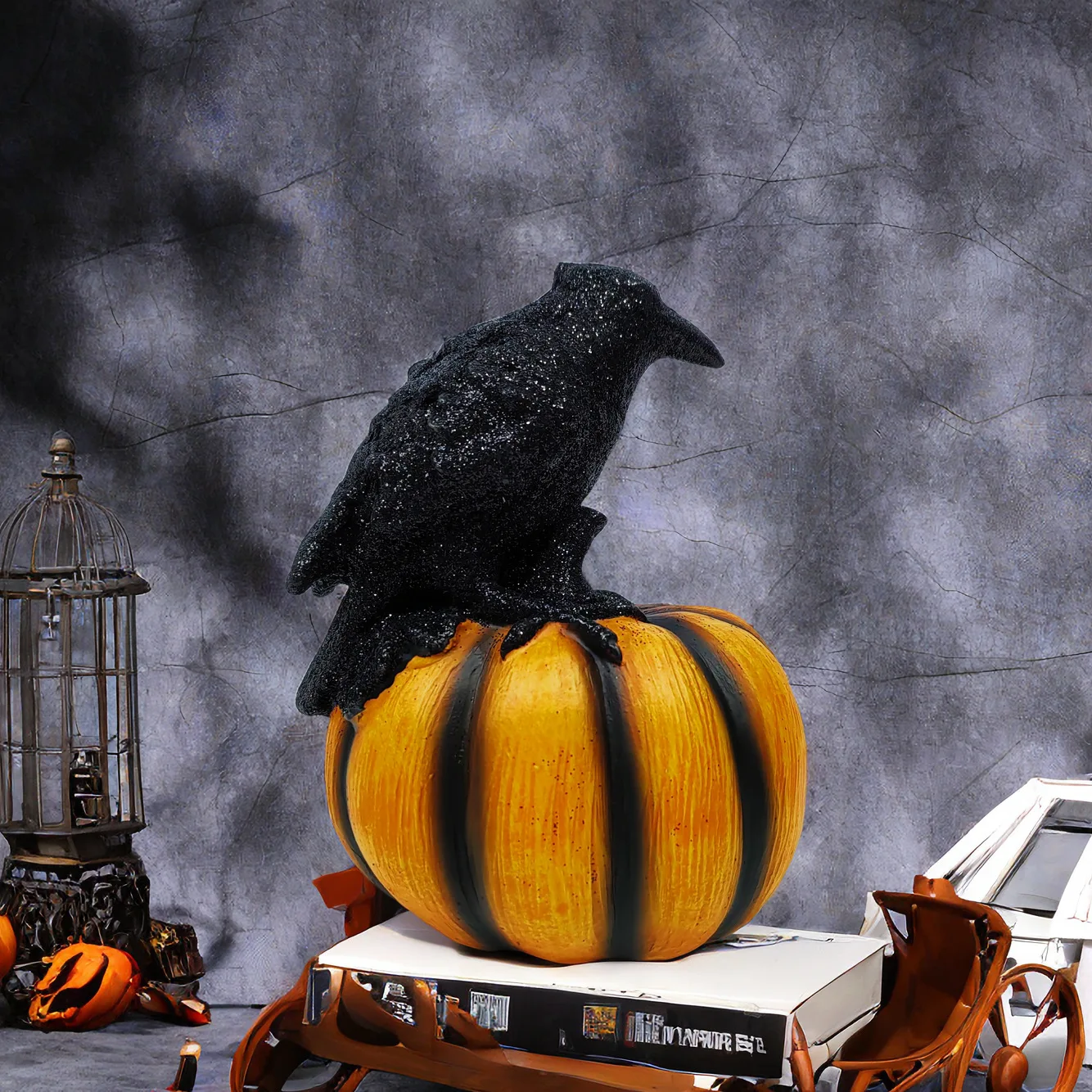 New Halloween Crow Pumpkin Ornament Party Ghost Festival Resin Crafts Atmosphere Decoration