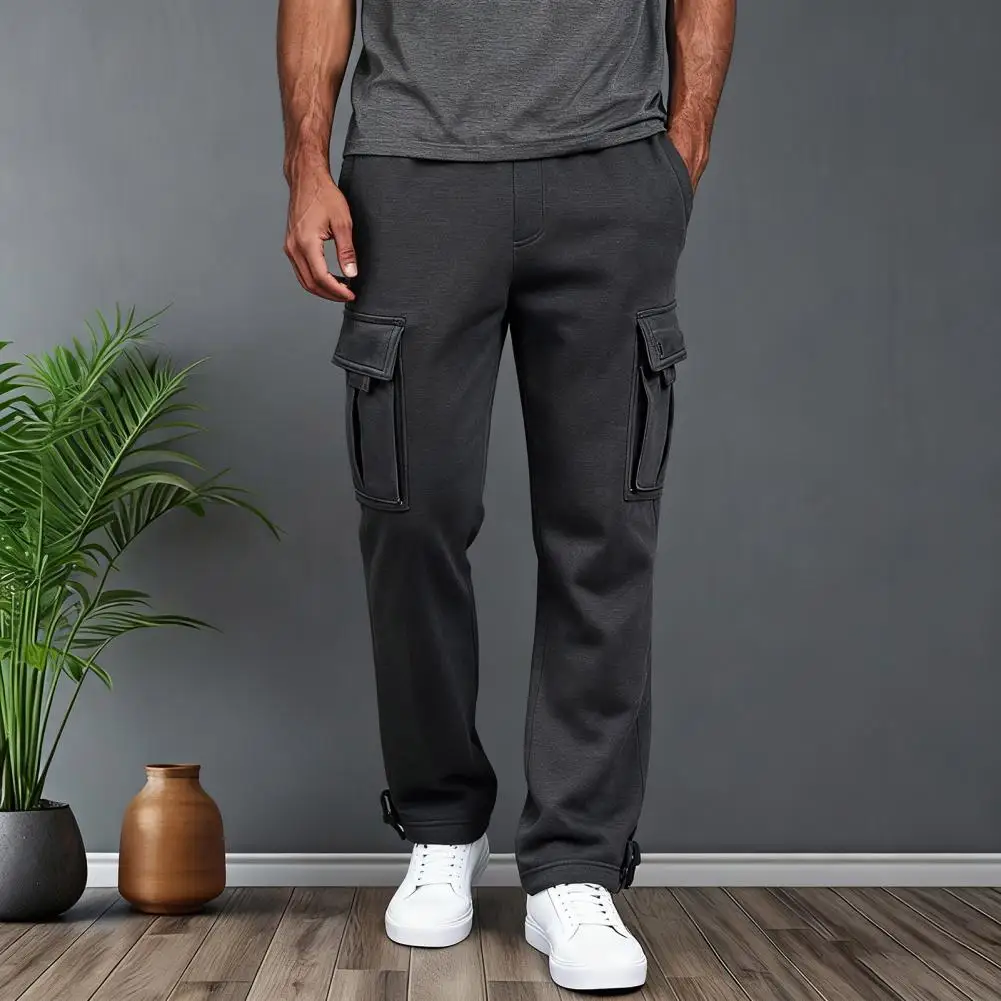 

Regular Fit Men Pants Men's Cargo Pants with Elastic Waist Adjustable Drawstring Multi Pockets Casual Overalls Wide Leg Solid