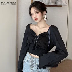 Blouses Women Vintage Square Collar Sexy Off Shoulder Tops Spring New Arrival Design Bandage Fashion Gothic Puff Sleeve Crop Ins