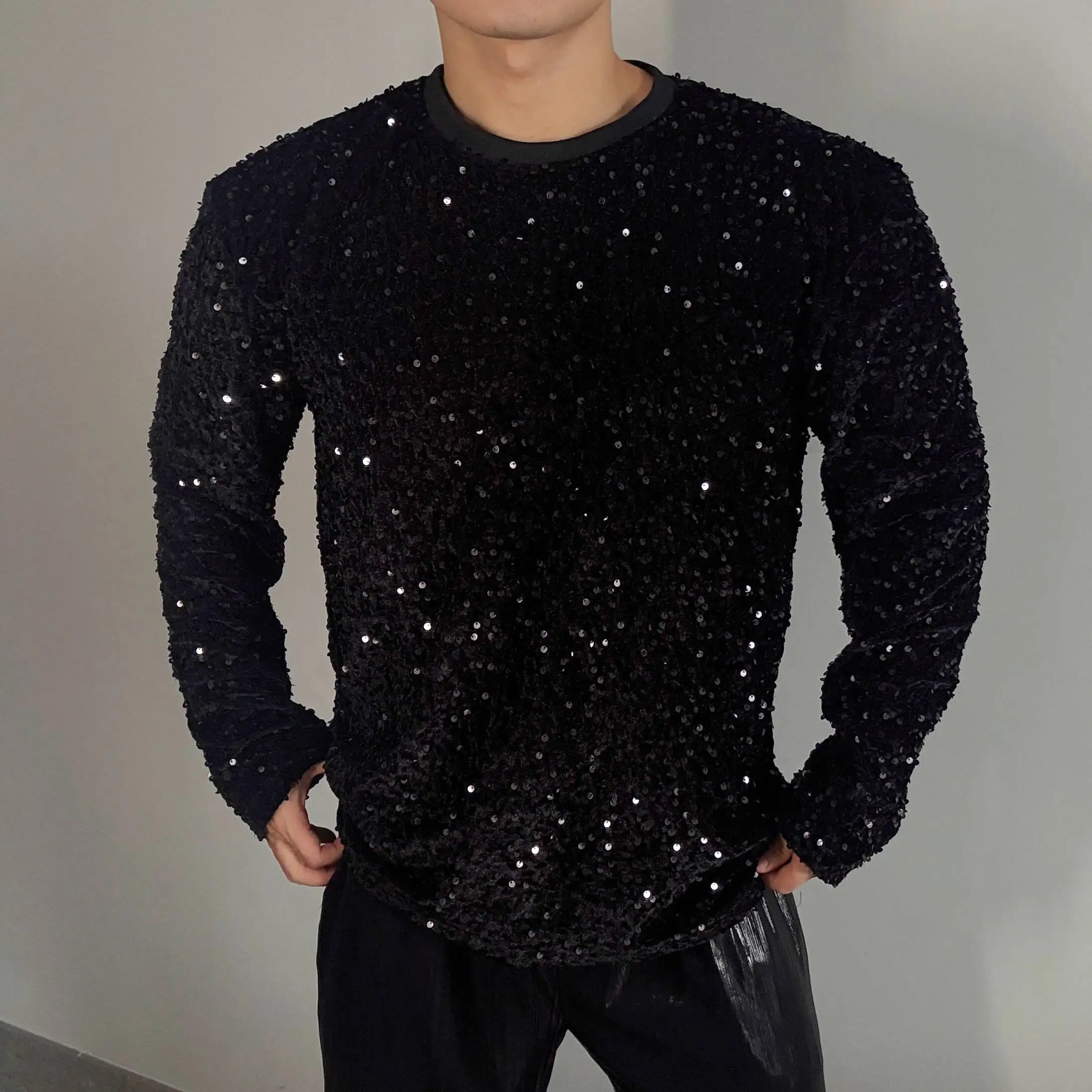 Autumn Winter Black Sequin Glitter Men Shirt Long Sleeve Shirts Casual Fashion Vintage