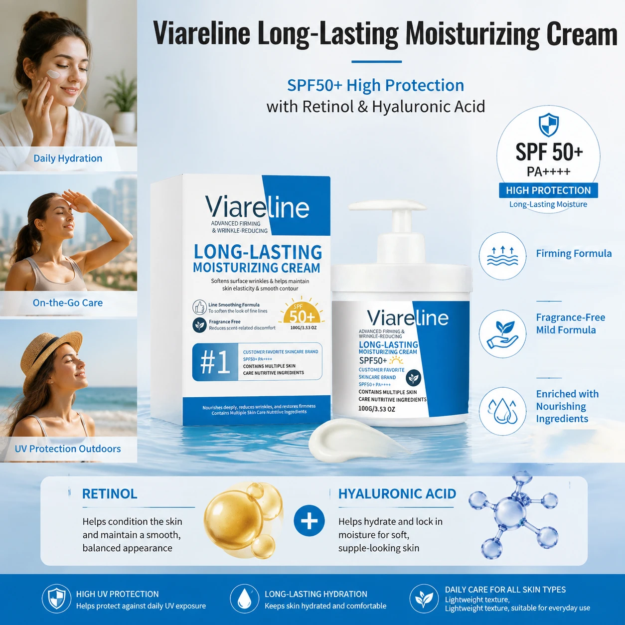 SPF50 PA++++ Higher Protective Face Cream Fragrance Free Non Greasy Hydrating Sensitive Skin Long Lasting 100g Pump Dispenser