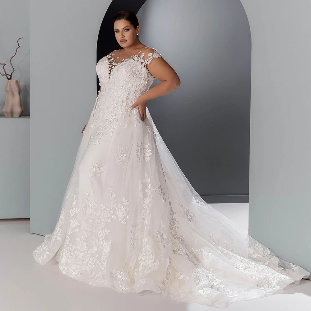 Lady PLUS ขนาดชุดเดรสเมอร์เมดรถไฟที่ถอดออกได้ที่กําหนดเอง Scoop หมวก Sweep Train เจ้าสาวชุดเจ้าสาว Robe Mariee