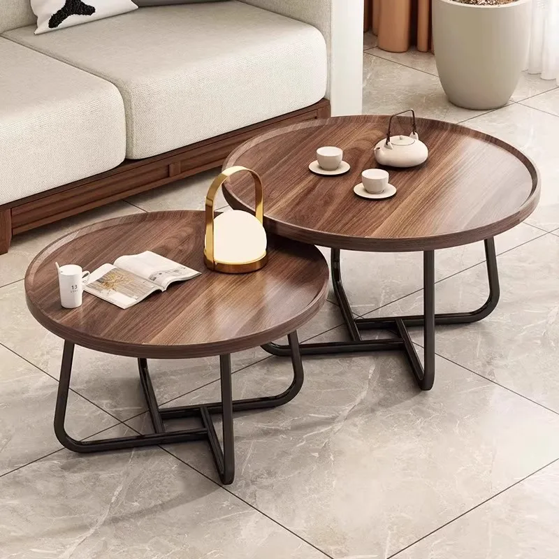 

#Set of 2 Round Nesting Coffee Tables, Walnut Finish Top with Black Metal Frame, Living Room Side Table
