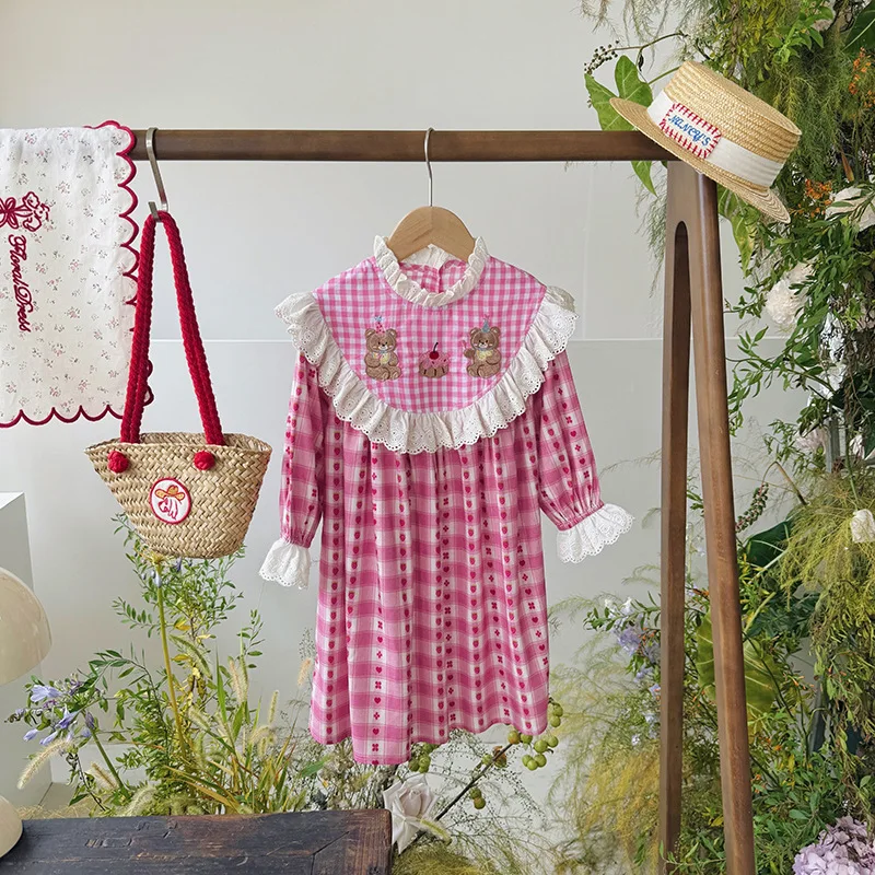 children's-bear-embroidered-plaid-girls'-dress2025autumn-doll-collar-ruffle-lace-children's-dress