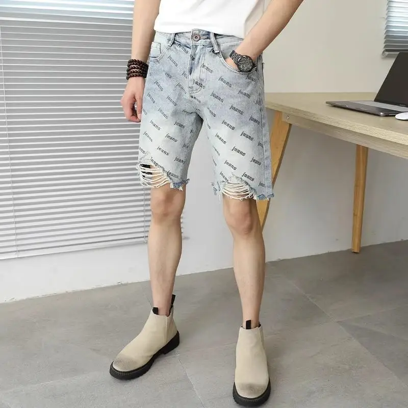 

2025 Male Denim Shorts Print Scratched Slim Fit Versatile Trendy Cut Men's Short Jeans Pants Denim Knit Bottoms Printed Shorts