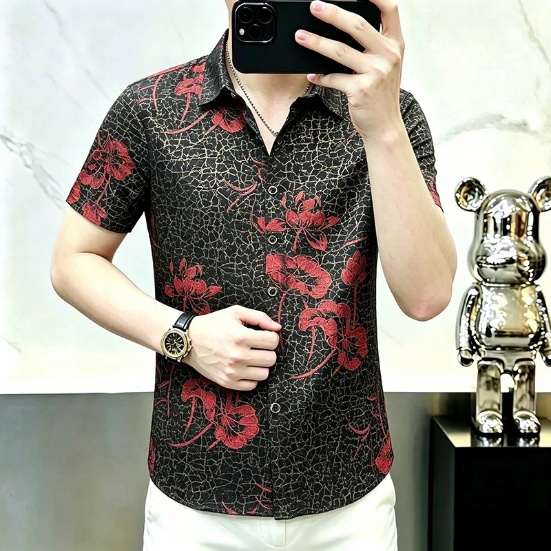 Summer Men's Short Sleeved Shirt Hot Stamping Casual Business Social Shirts Fashion Slim Fit Streetwear Shirt Men Clothing 2026