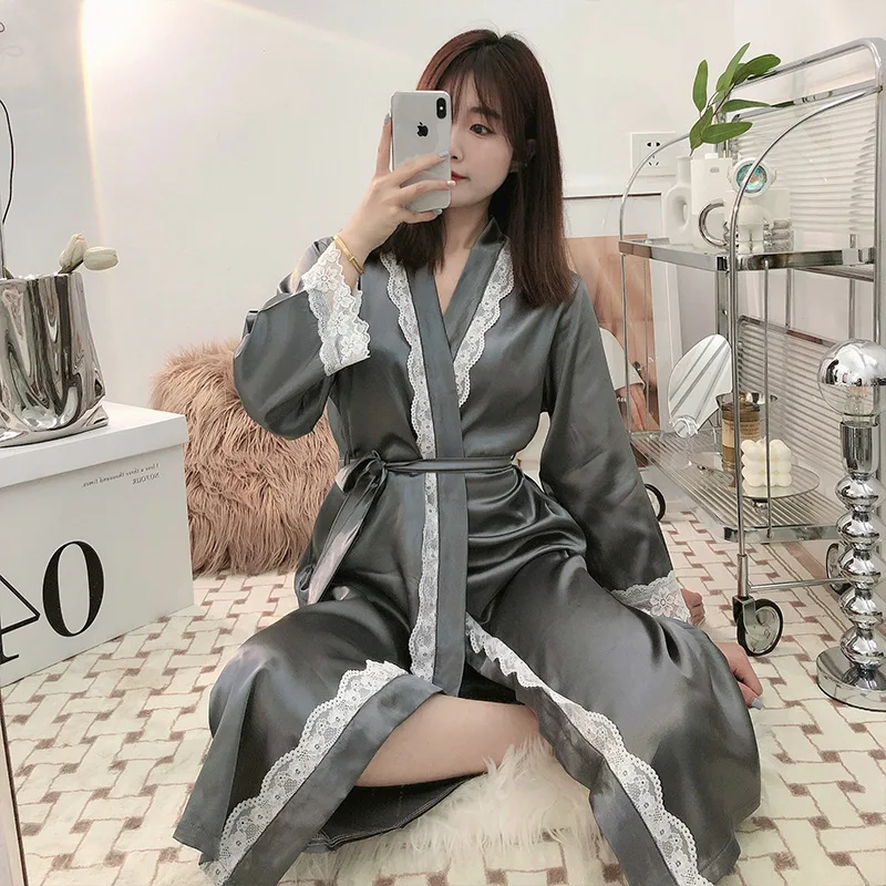 

Women Long Sleeve V Neck Robe Nightgown Cardigan Bathrobe Morning Gown Ice Silk Home Dress Kimono Solid Color Lace Sleepwear