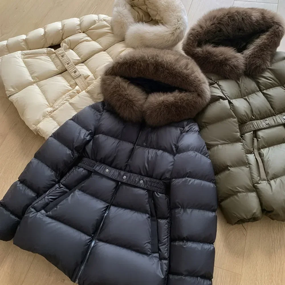 High Quality Light Luxury Women Hooded Coat Fashion Down Jacket New Winter Warm Real Fox Fur Collar Slim Waistband Fur Puffer