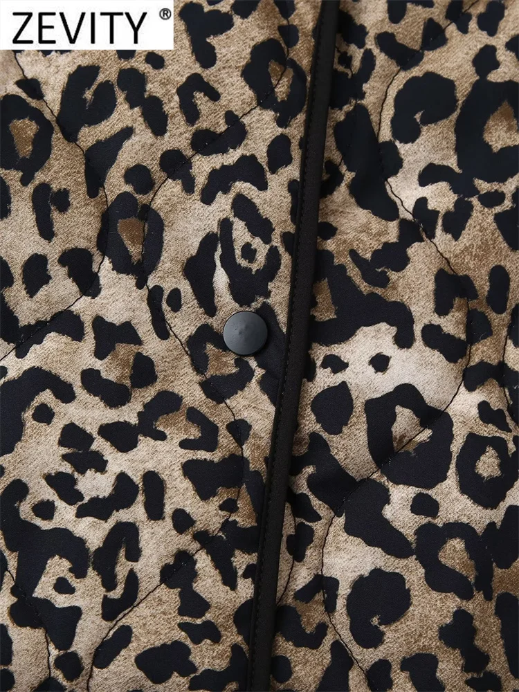 ZEVITY-Chaqueta de algodón acolchada con estampado de leopardo para mujer, abrigo ajustado de manga larga con botones, Estilo Vintage, CT6287, 2024