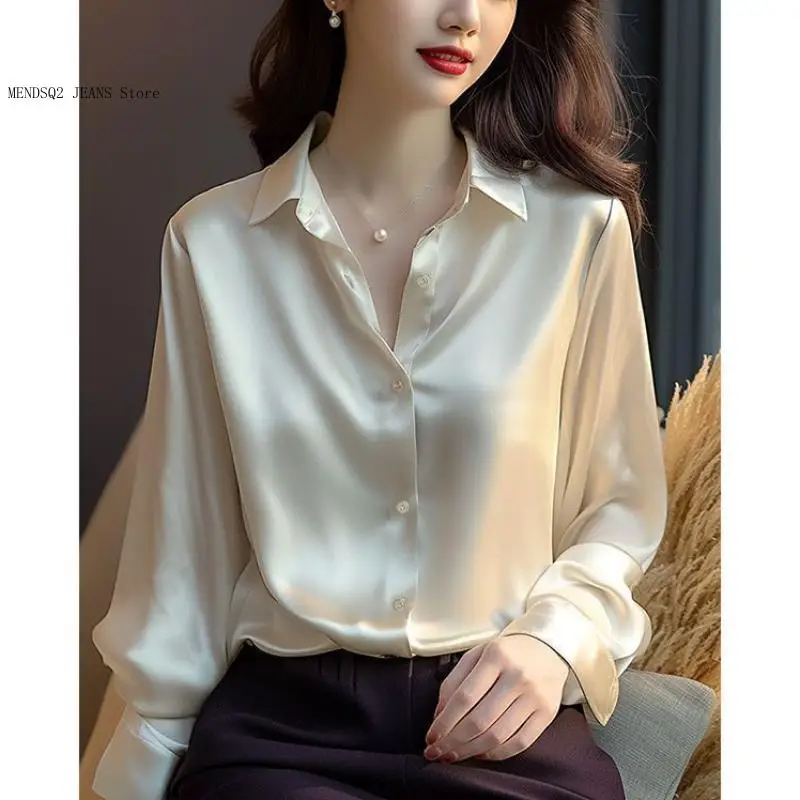 Spring and Autumn Women\'s Lapel Button Decoration Loose Long Sleeved Versatile Commuting Professional Shirt