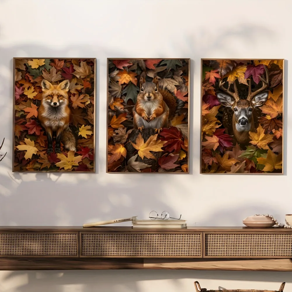 3pcs Frameless,Retro Autumn Landscape Animal Art Poster Featuring Foxes,Squirrels and Deer with Leaves,for Decor The Living Room