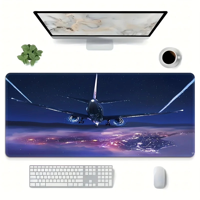 Airplane Landing Night City Desk Mat Large Gaming Mouse Pad Non-Slip Rubber Study Office Accessory