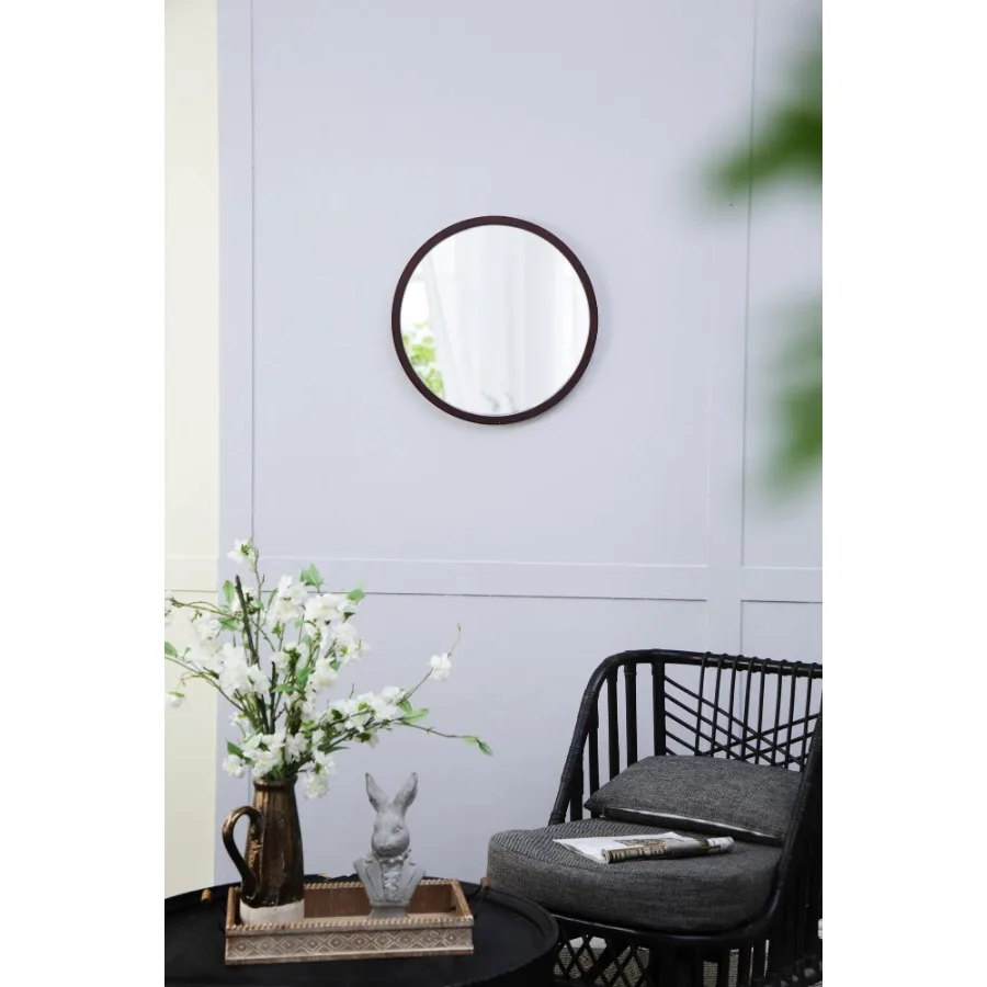 

20" x 20" Circle Wall Mirror Wooden Frame Walnut Finish for Living Room Dining Room