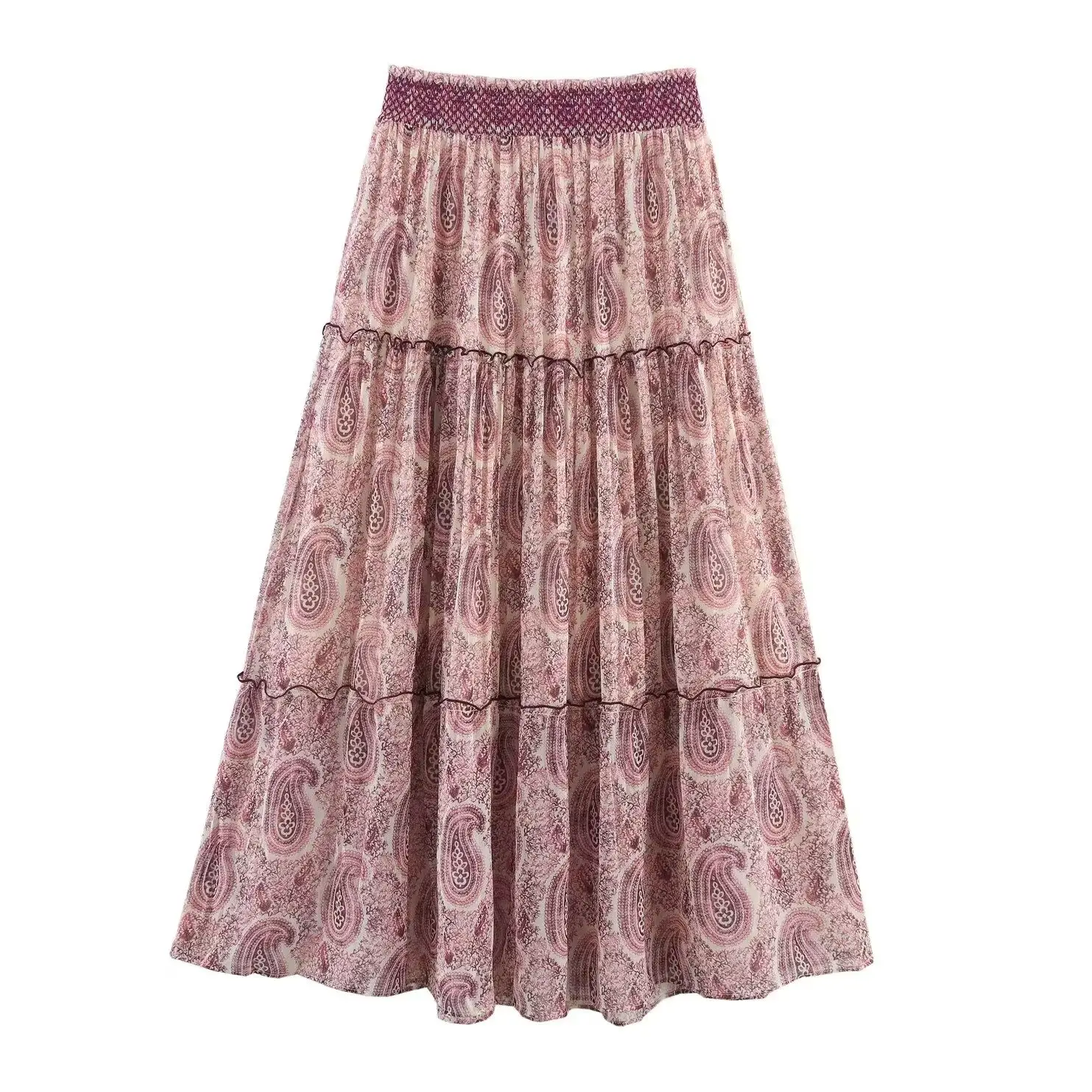 

KONDALA Chic Summer Vintage Fashion 2025 Casual Elastic Waist Midi Skirt Layered Print Holiday Beach Elegant Woman Long Skirts