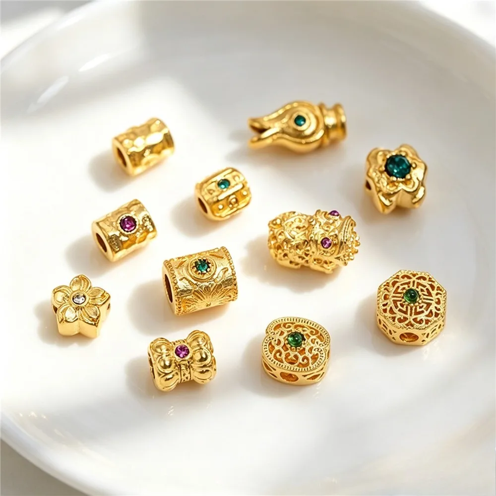 Non-Fading Vietnam Sand Gold Cylinder Cloud Spacer Beads Inlaid Red Green Zircon DIY Bracelet Necklace Jewelry Findings