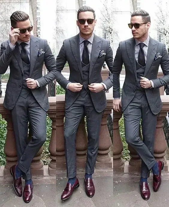 

High Street Dark Grey Suit Formal Wedding Suits For Men Smart Business Blazer Sets Custom Slim Fit 3 Piece Tuxedo Costume Homme