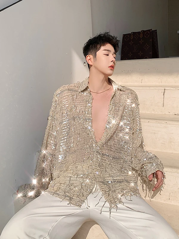 

Мужская блестящая рубашка с пайетками в корейском стиле, модная, яркая, для стилистов, свободного кроя, с длинным рукавом, вышитая, из полиэфирного волокна