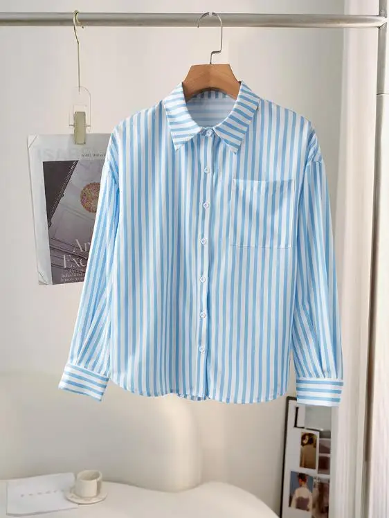Woman Blouse 2025 Spring Autumn New Fashion Striped Turn-Down Collar Long Sleeved Pocket Design Loose Casual Daily Shirt