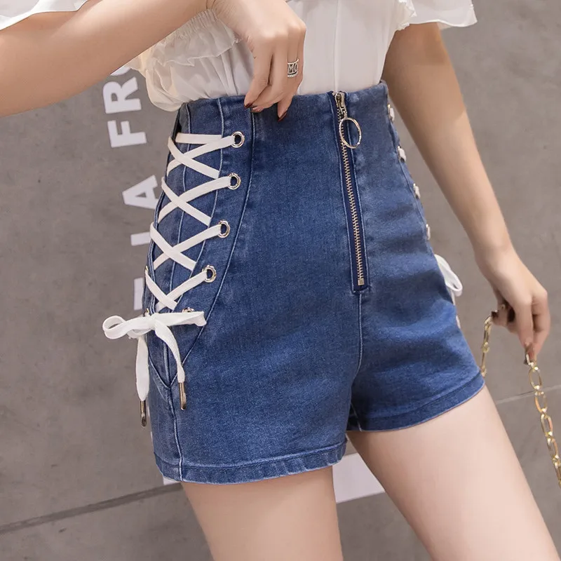 2025 Summer Women Jeans Shorts High Waist Bandage Denim Shorts Ladies Casual All Match Blue Shorts Students Skinny Hot Shorts