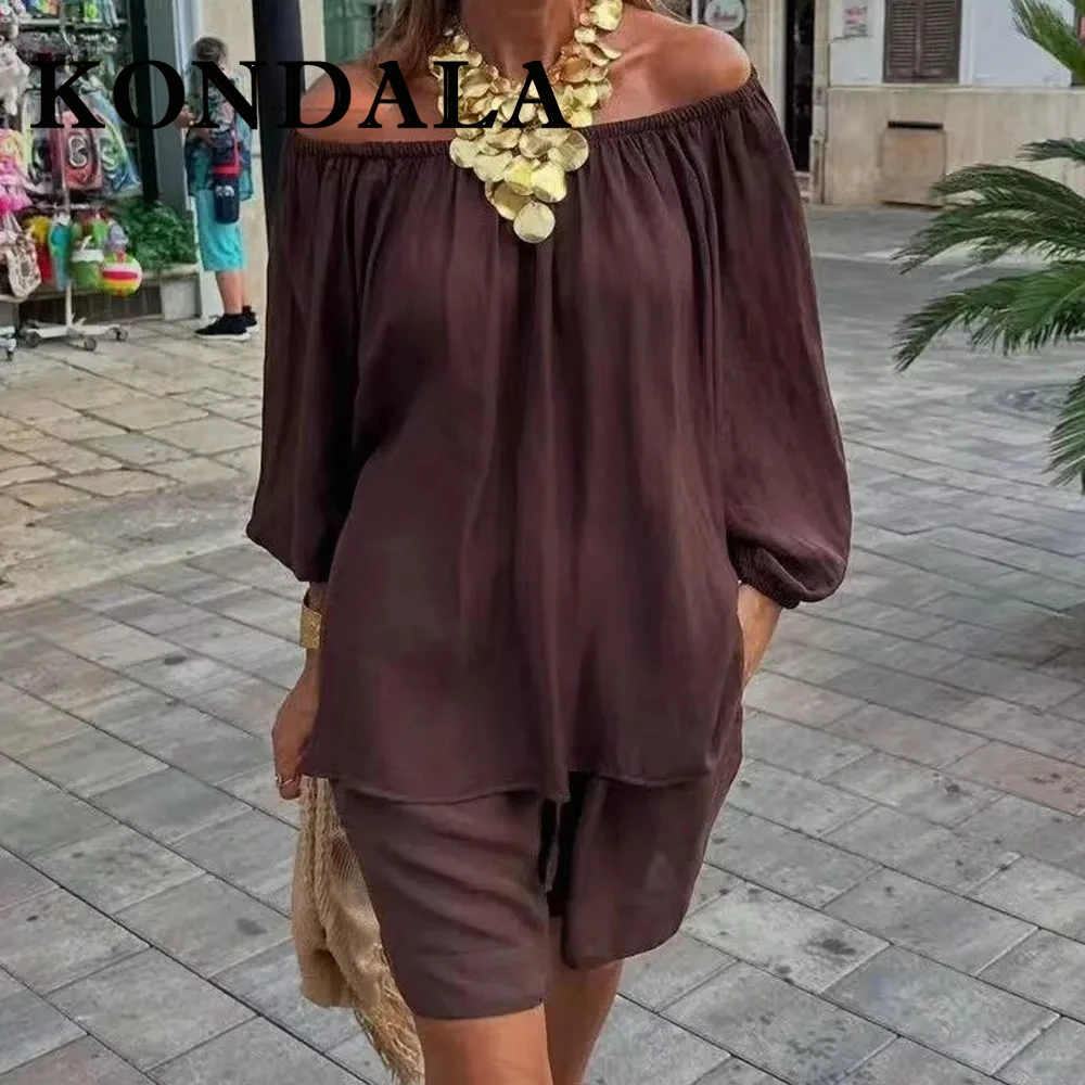 KONDALA Vintage Chic Brown Woman Suit Pleated Loose Off Shoulder Sexy Shirt+Lace-up Mini Shorts Fashion 2025 Casual Mujer Sets