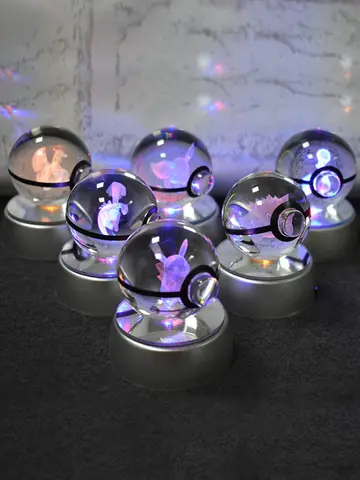 Pokemon Crystal Ball 3D Pikachu Gengar Mewtwo Night Light Lamp Pokeball 3D Glass Pokemon Crystal Ball Statue Kids Birthday Gift