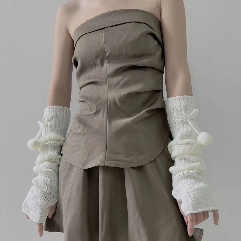 Moda longa braço mais quente luvas bonito bola peluda malha quente braço manga à prova de frio luvas sem dedos outono inverno