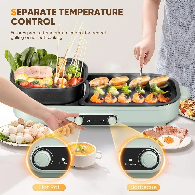 Electric Hot Pot with Grill, 2 In 1 Indoor Non-Stick Barbecue Shabu Hot Pot with Dual Temperature Control, Detachable Hot Pot