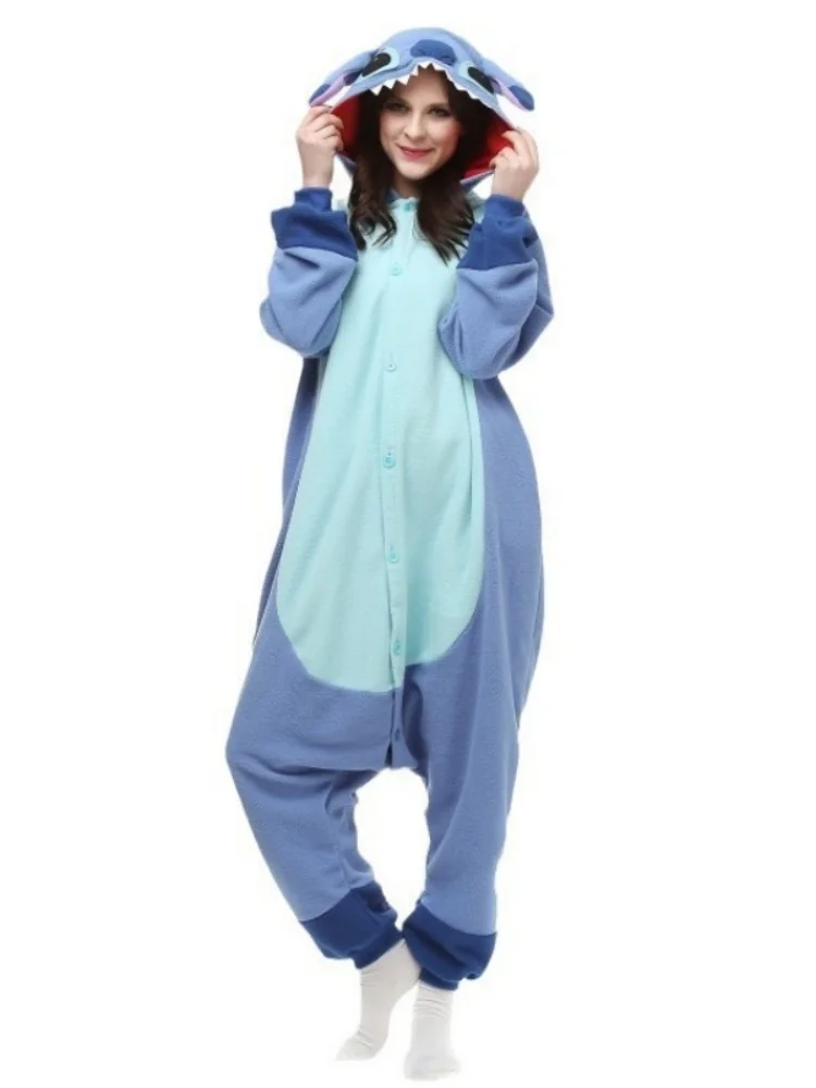 Cartoon Stitch Jumpsuit Pajama Polar Fleece Onesie Stitch Angel Cosplay Costume Men Women Plush Sleepwear Teen Home Clothing