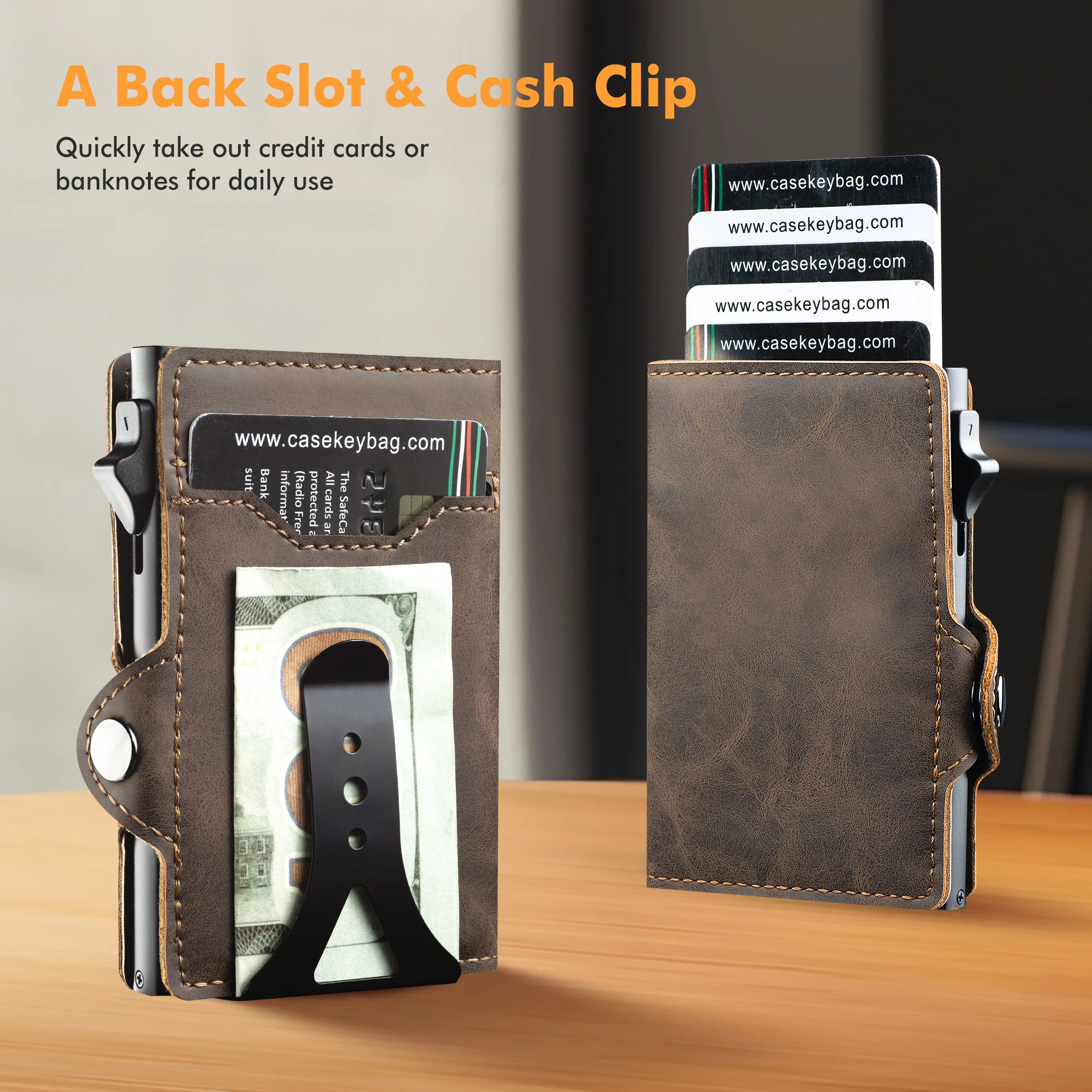 CASEKEY Top Quality Minimalist Leather Cash Clip Wallet RFID NFC Protection Pop Up Metal Card Holder Case Purse Bag Monedero