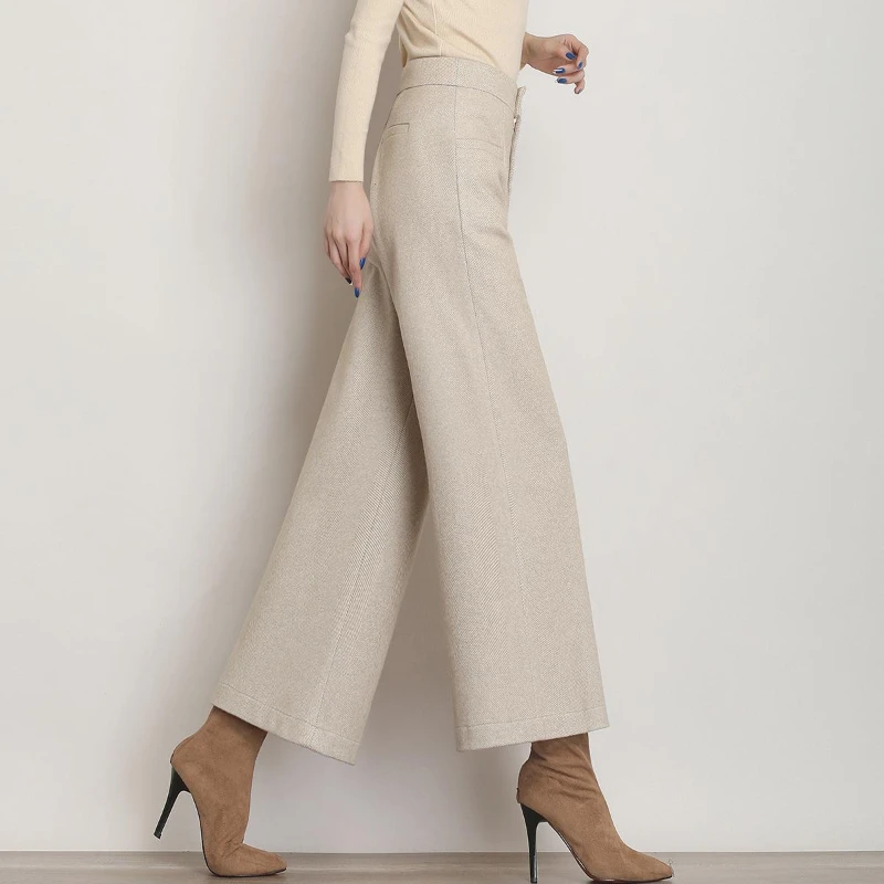 Otoño Invierno nuevos pantalones de lana para mujer bolsillos con cremallera sólida moda Casual suelta gruesa recta pierna ancha pantalones hasta el tobillo