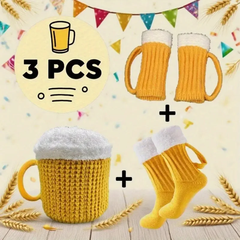 3pcs Beer Sock Set Thick Warm Round Neck Socks Beers Gloves Hat Ideal for Parties Gifts Durable Design Perfect for Casual Attire
