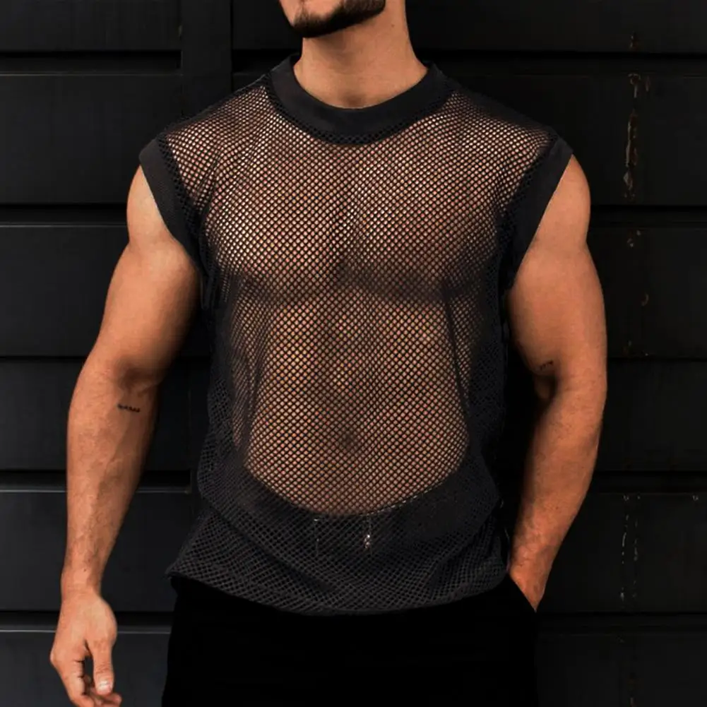 Men Round Neck Mesh Tank Mesh Tops Breathable Mesh Sleeveless Vest for Men Loose Fit Summer Streetwear See-through Design image 3