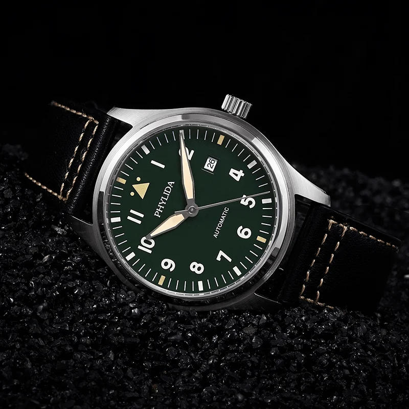 Phylida 42mm mostrador verde spitfire piloto relógio 5atm japão miyota automático cúpula cristal de safira lumed pulseira de couro genuíno