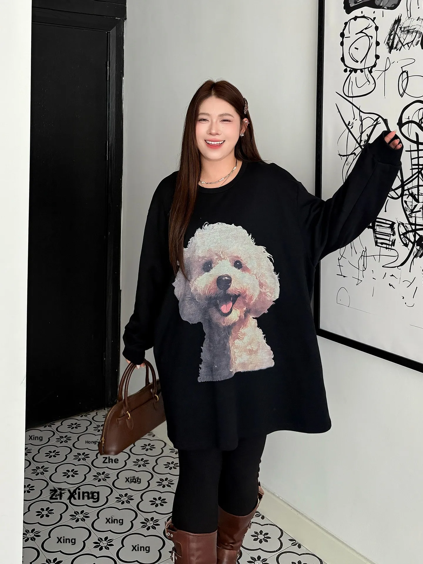 

Толстовка больших размеров, женская осенняя новинка, свободный крой с принтом собаки, против морщин, удобный хлопковый длинный круглый топ све