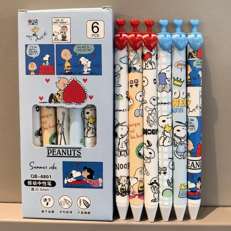 

Snoopy Cartoon 6PCS Press Pen Set 0.5mm Black Ink Ballpoint Pens Anime Character Love Design Quick-Drying School Stationery Gift