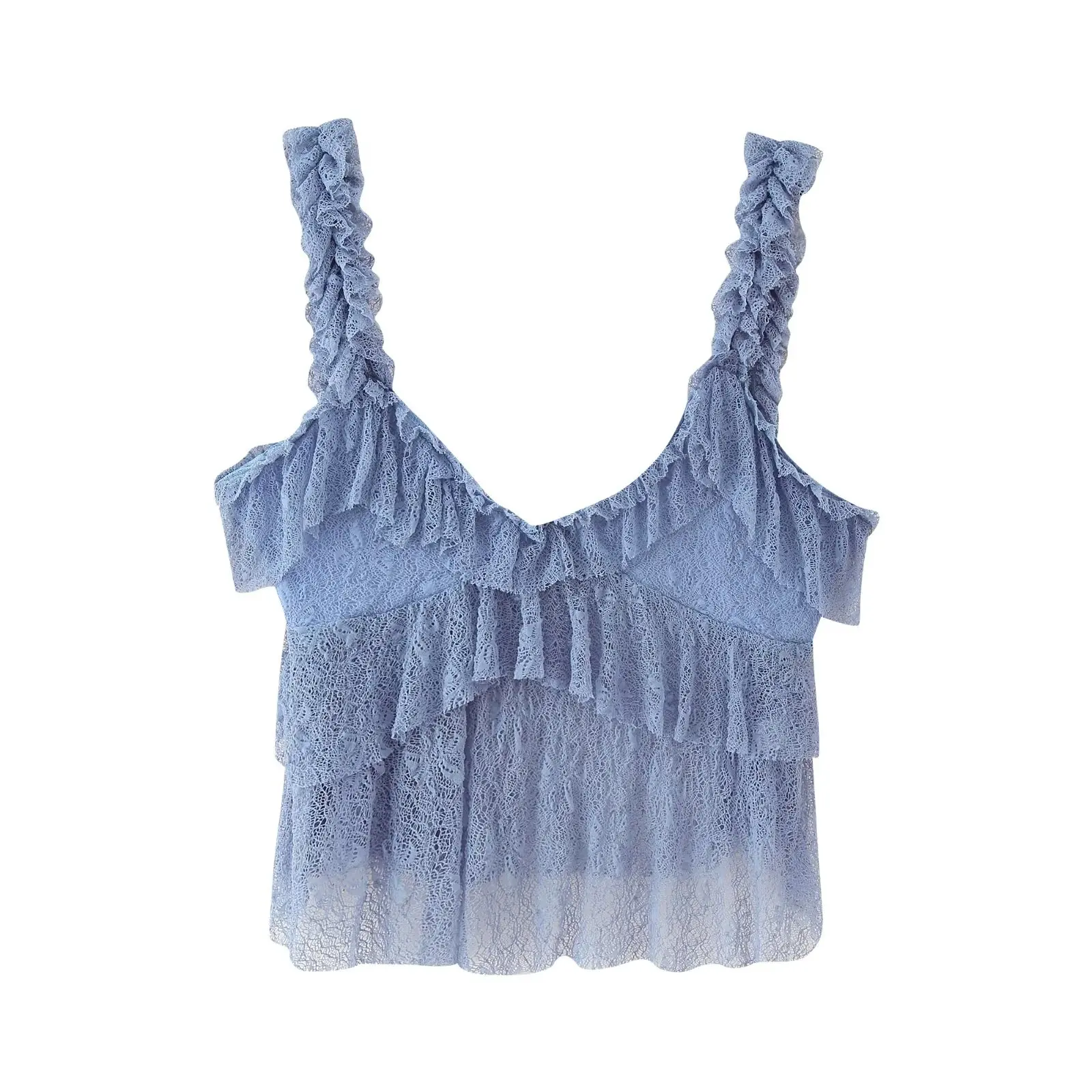2025 Abito da donna estivo senza maniche in pizzo tinta unita con volant Top corto + gonna lunga a pieghe in vita elastica a trapezio scava fuori outfit