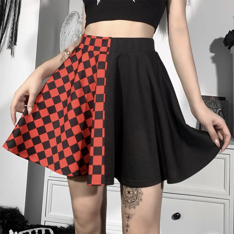 Girly Gothic Contrast Color Houndstooth Stitching Mini Skirt Summer Sexy High Waist A-line Pleated Skirt