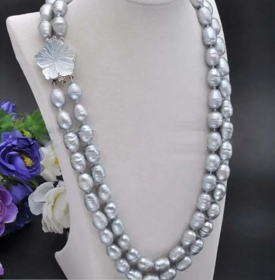 

2 Rows 9-10mm Natural Gray Rice Freshwater Cultured Pearl Necklace 21-22'' AAA