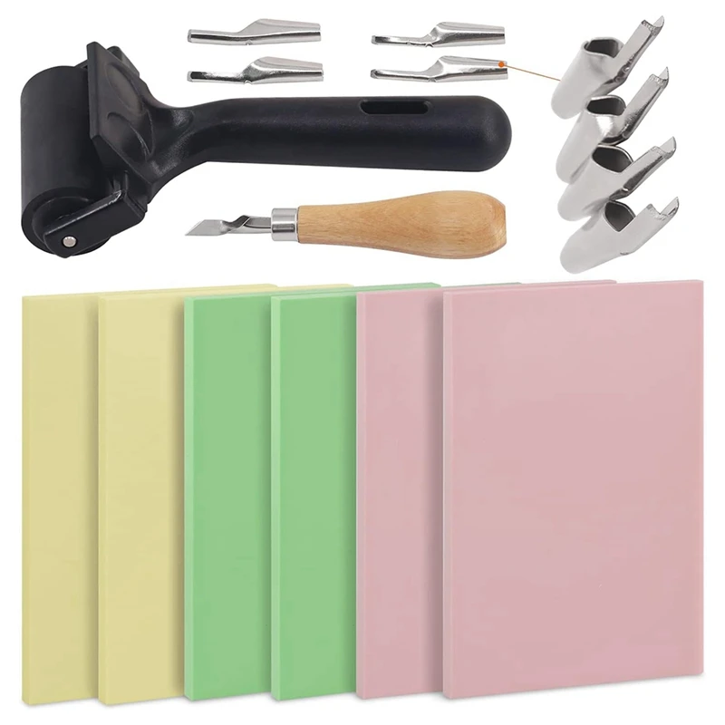 

12Pcs Rubber Stamp Making Kit With Stamp Block, Rubber Brayer Roller,Rubber And Wood Carving Cutting Tool Easy Install