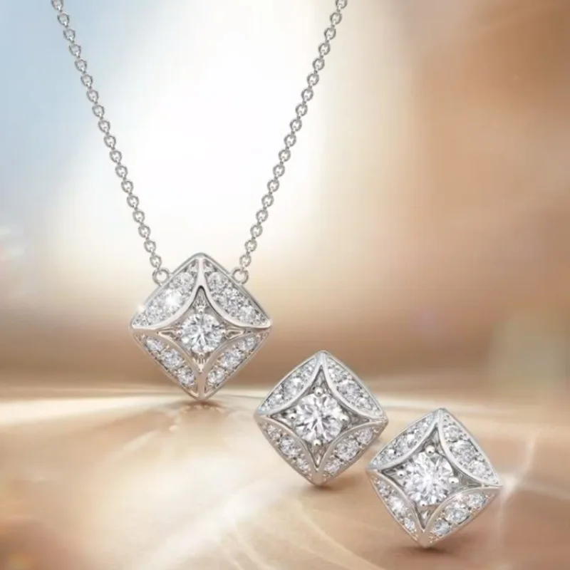 European and American 2-piece jewelry set for bride's wedding simple geometric diamond shaped zircon earrings necklace for women