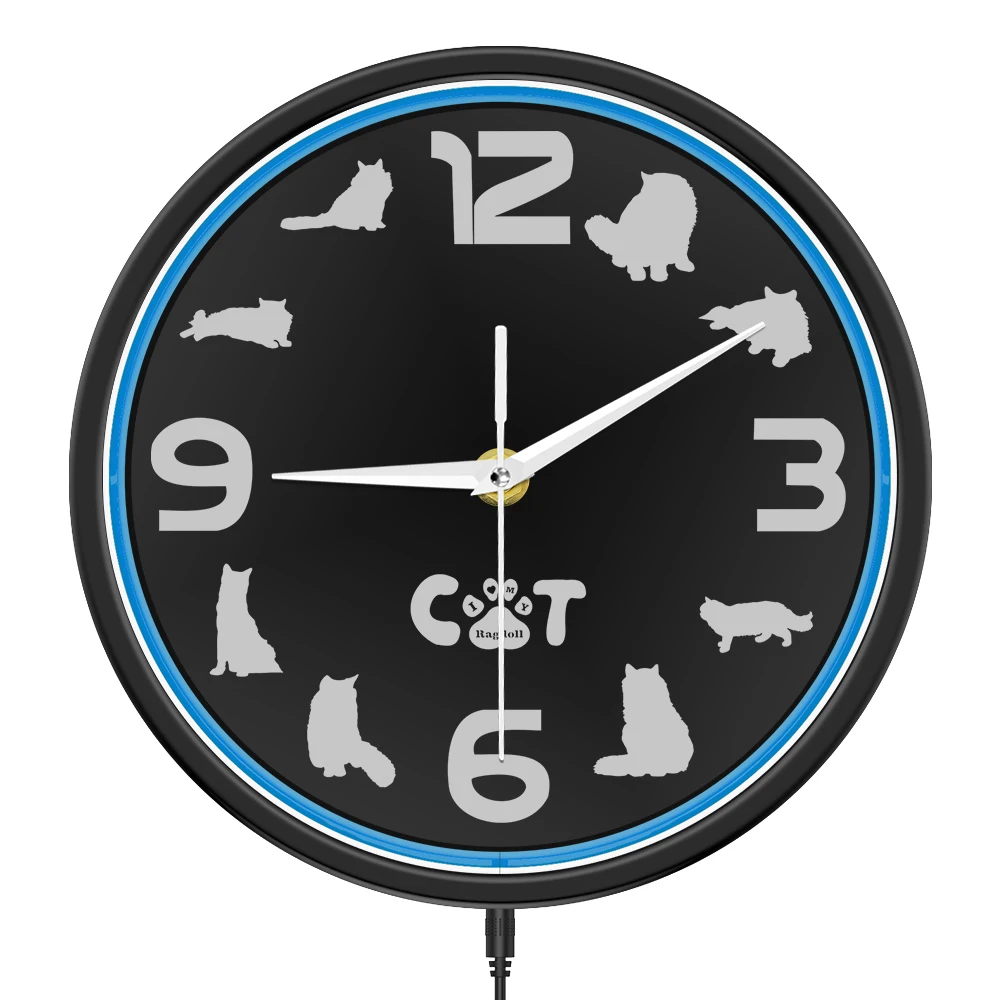 

Ragdoll Cat Silhouette Decorative LED Lighting Wall Clock Kitty Cat Owner Glowing Neon Home Decor Metal Frame Illuminated Clock