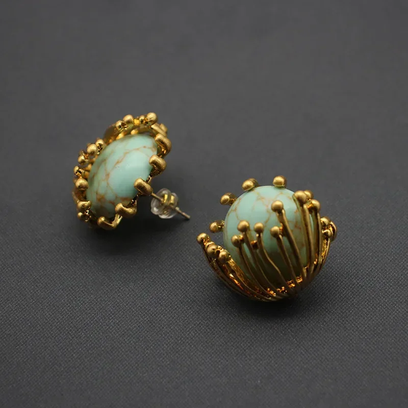Medieval Jewelry Turquoise Lava Hollow Stamen Brass Plated with Old Gold Retro Jewelry Earrings