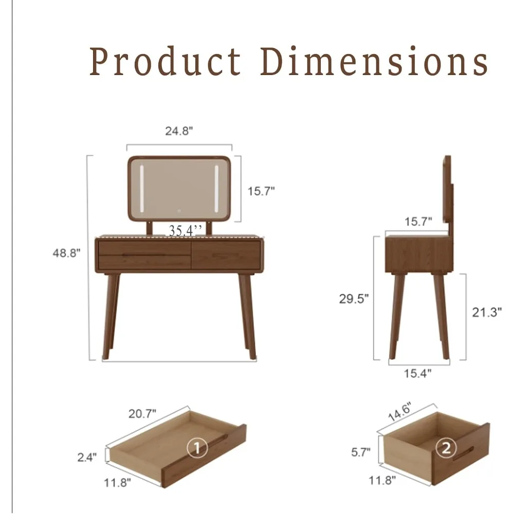 طاولة مكياج خشبية طبيعية مع مرآة مضاءة، طاولة تزيين خشبية صلبة مع 3 أوضاع إضاءة سطوع قابل للتعديل