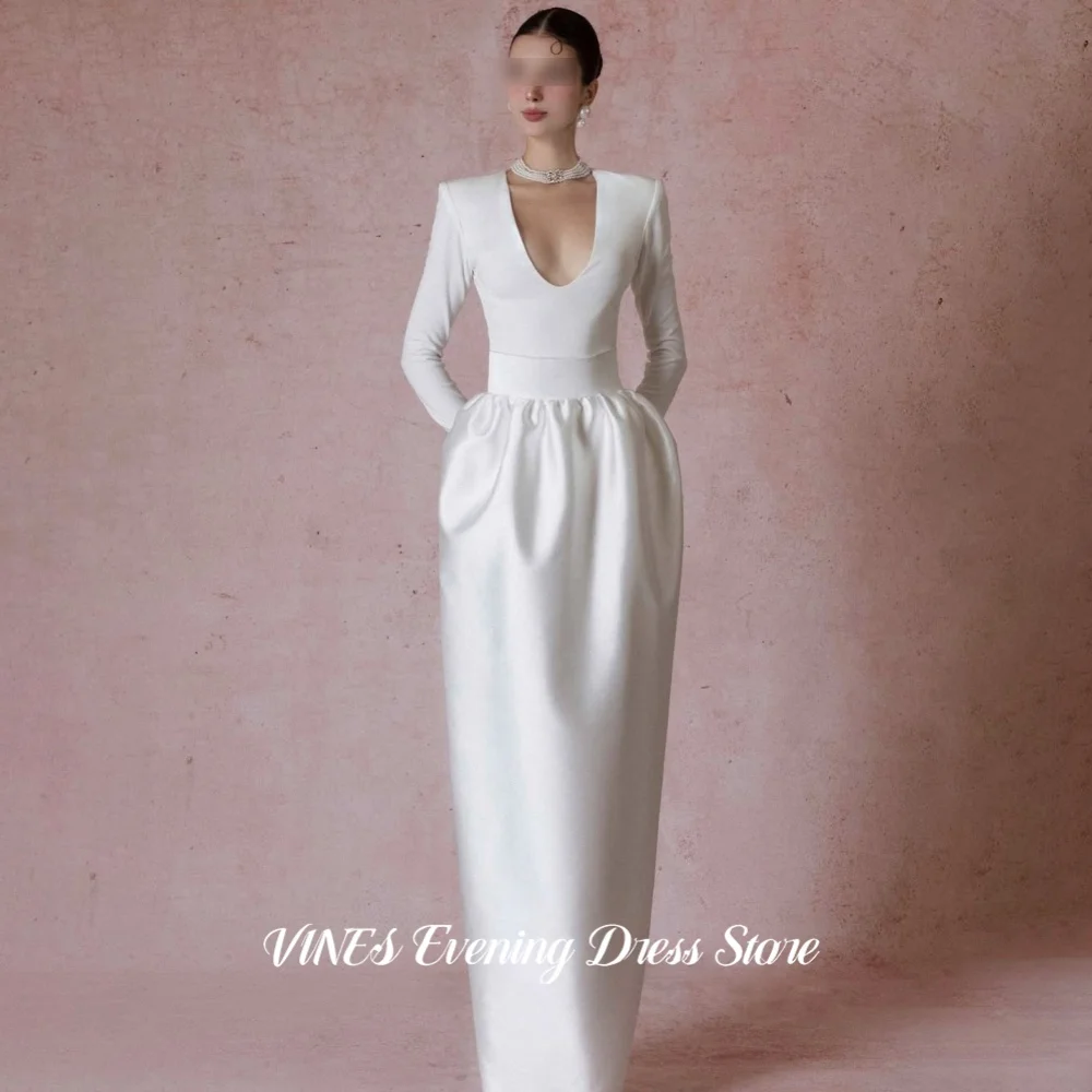 VINES Sophisticated White High Neck Long Sleeve Evening Gown Deep Plunge Satin Puff Pencil Skirt Prom Evening Party Customized