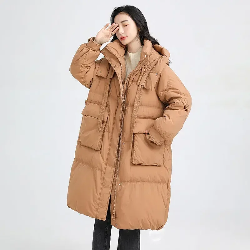 Veste doudoune ample à capuche en duvet de canard blanc pour femme, nouvelle collection hiver 2025