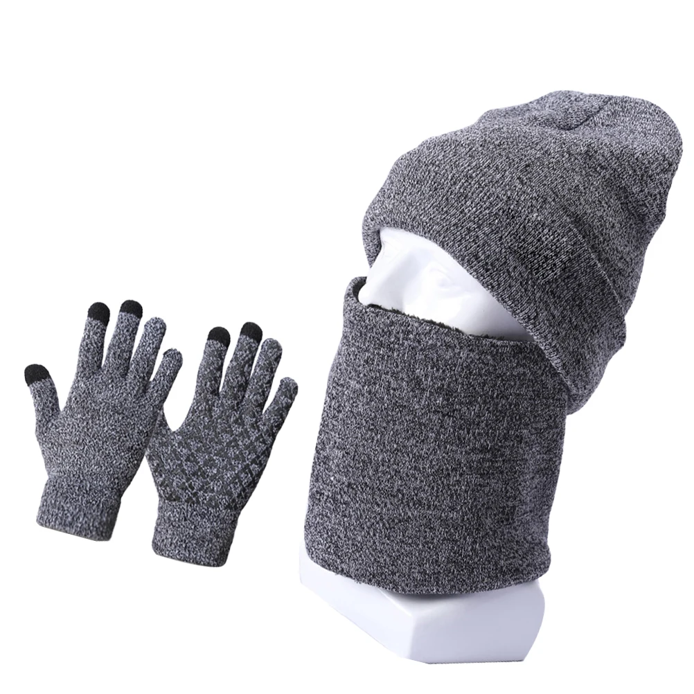 

Beanie Scarf Gloves Set Double-Layer Knitted Hat Neck Warmer Lined Grey Winter Cold Weather Outdoor Skiing Snowboarding Hiking