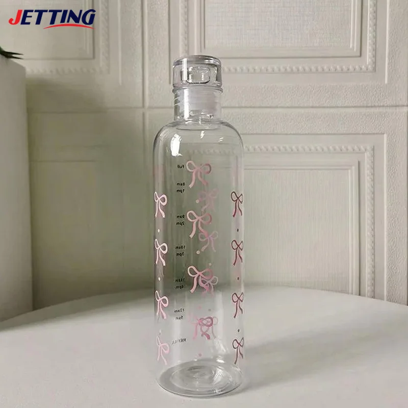 1pcs 500ML Kawaii Bow Plastic Water Bottle With Time Scale Transparent Water Cup Outdoor Sports School Drinking Water Bottle