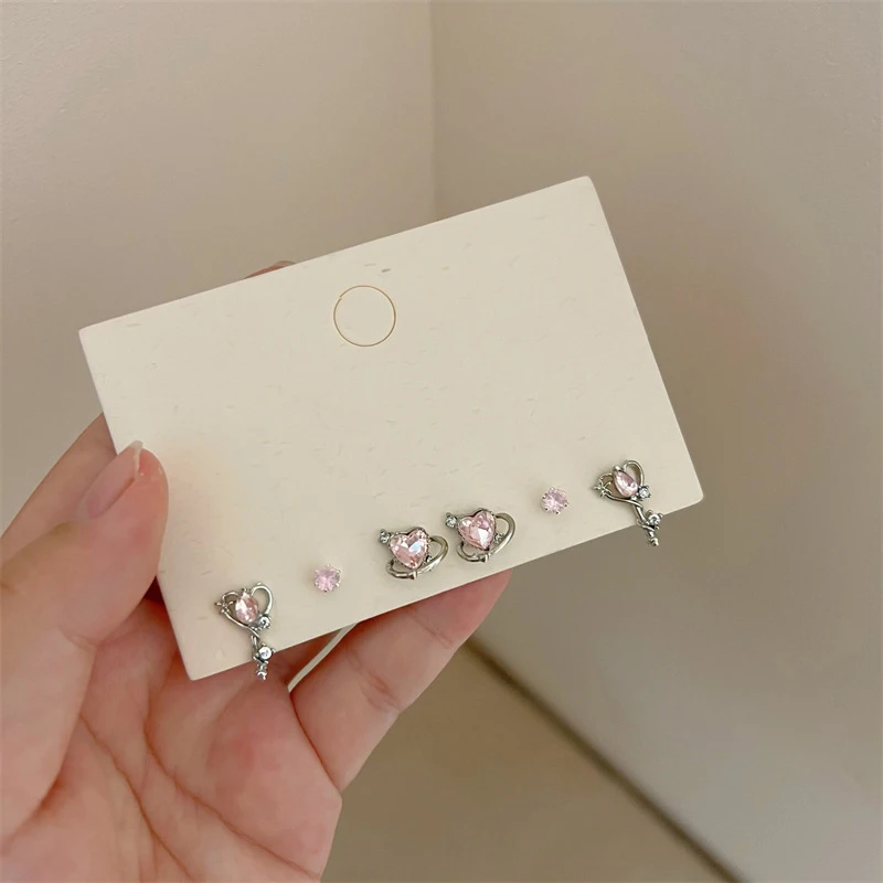 Delicate 6pcs Sweet Pink Heart Star Studs Earrings Set for Women Girls Cute Silver Color Planet Fashion Metal Jewelry Wholesale