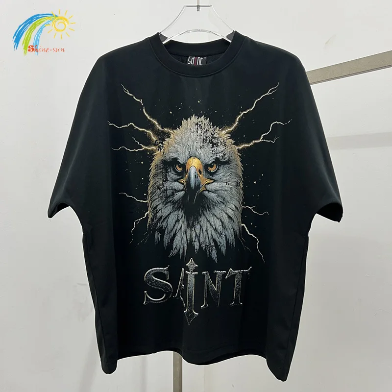 

Высокое качество Eagle с цифровой печатью Saint Oversized Box Tee Мужчины Женщины Уличная повседневная футболка Винтажная черная хлопковая футболка с биркой